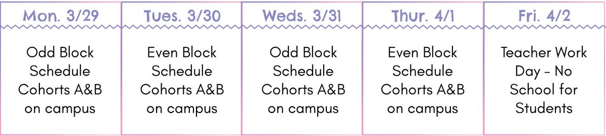 Here’s a reminder of this week’s schedule. We are excited to see ALL in-person learning students on campus on Monday!