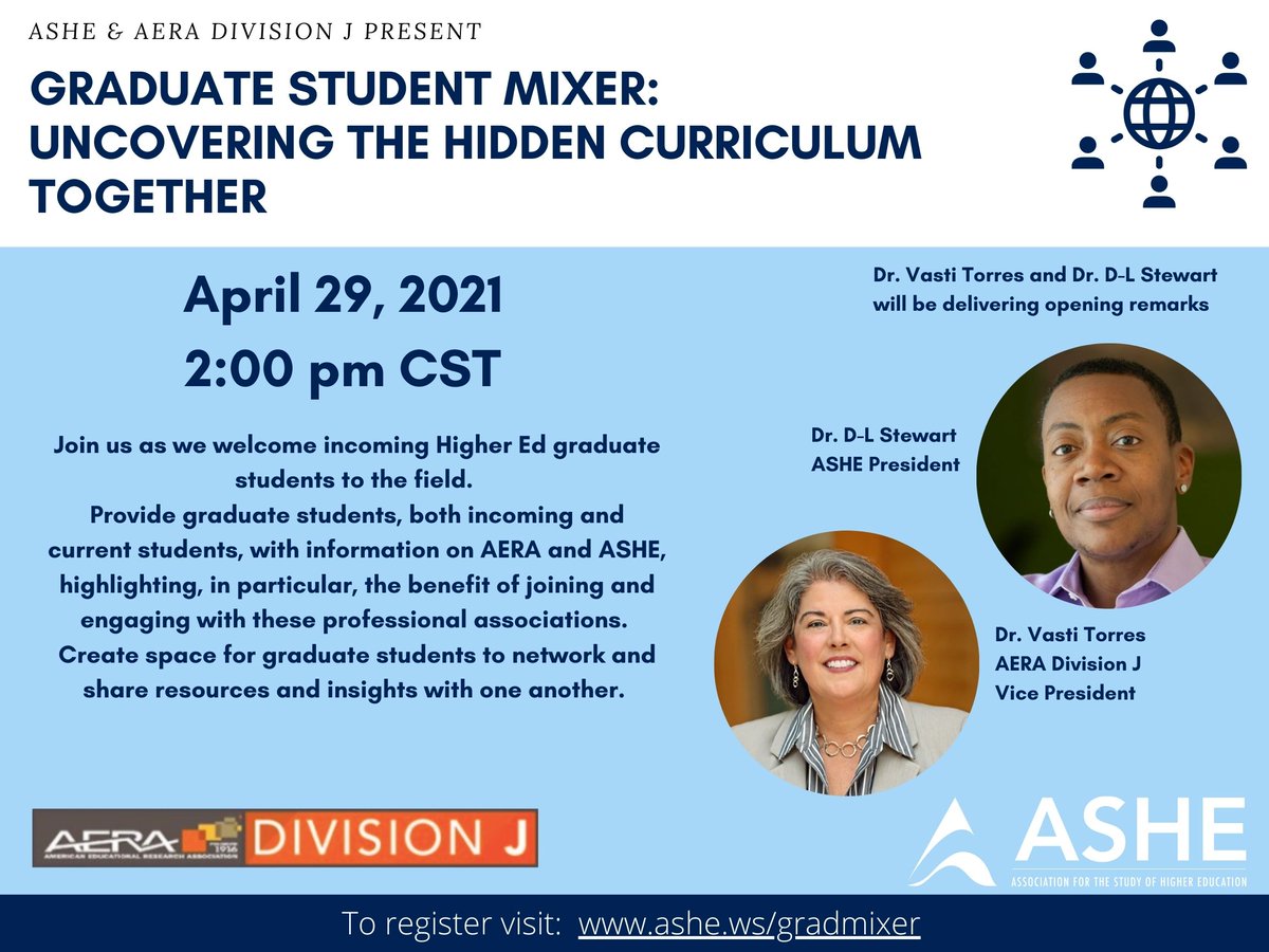 AshePresident's tweet photo. Register for the @ashegrads and @AERADivJGradNet Graduate Student Mixer on April 29, 2pm CT! This event is to welcome incoming grad students in hied to the field! "Uncovering the Hidden Curriculum" - head over to https://t.co/PpCJ0KFU9b &amp; click Register! https://t.co/ikBzRL7s4z