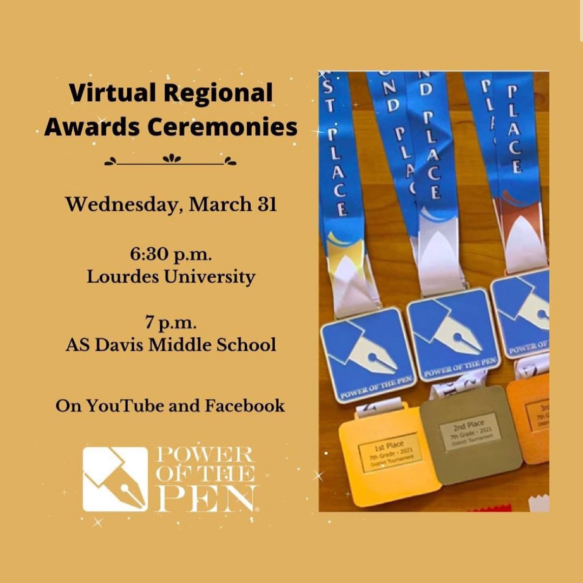 PopDms's tweet photo. This just in:  The date and time for the Power of the Pen Awards Ceremony for the AS Davis South-Central Regional Tournament will air on Power of the Pen's YouTube Channel at 7:00pm on Wednesday, March 31, 2021.  See you there! @DMSIrish @BankerBunch232 @estepp_katie https://t.co/tllQXdQbpH
