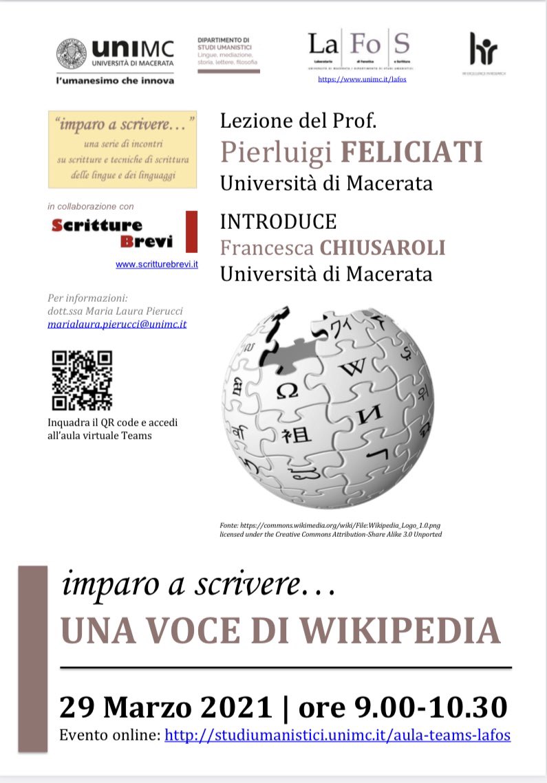 FChiusaroli's tweet photo. Oggi, a #SBLab2021, imparo a scrivere. 

Imparo a scrivere una voce di #Wikipedia. Con Pierluigi Feliciati. #LaFoS #UniMC e #ScrittureBrevi.

“Imparo a scrivere”: una serie di incontri su scritture e tecniche di scrittura delle lingue e dei linguaggi. https://t.co/lyW1cUFQ5n