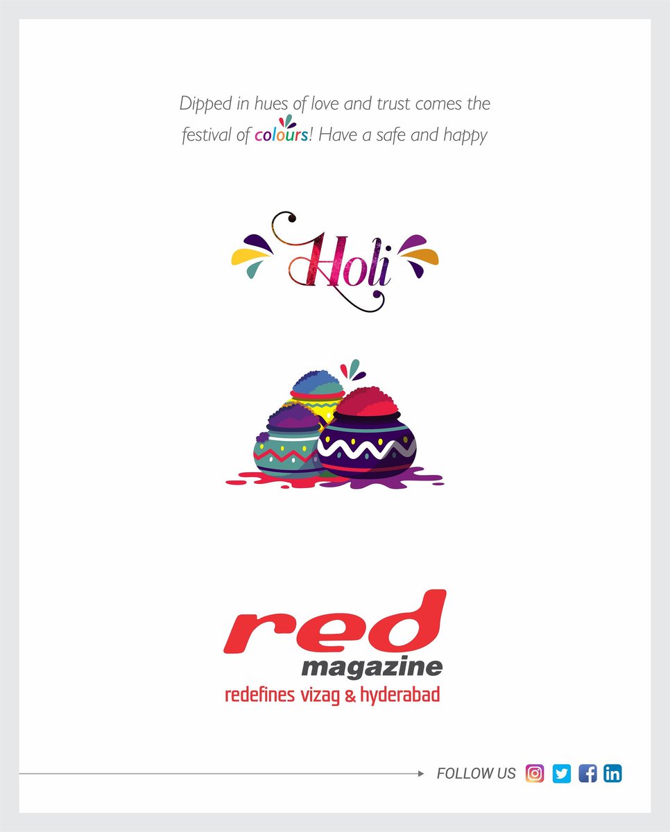 redmagofficial's tweet photo. Wishing all our readers a very Happy Holi.
#HappyHoli #SafeHoli #redmagazine #festivalwishes #magazine #vizagcity #Hyderabad #2021Holi #Magazinereaders https://t.co/TFgGyixA6m
