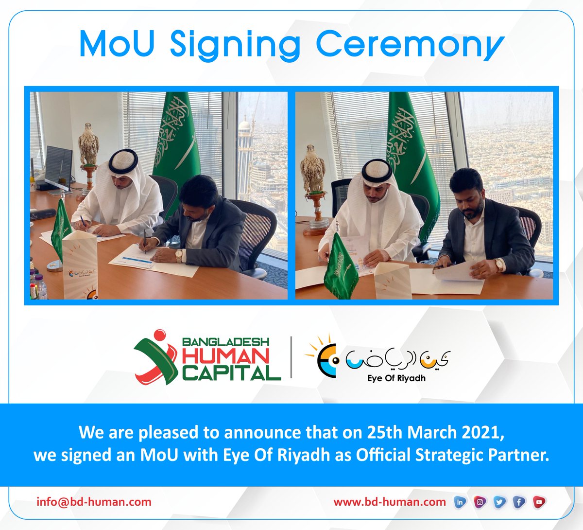 bhc1557's tweet photo. We are very pleased to announce that, Bangladesh Human Capital (BHC) & Eye of Riyadh recently signed a MoU agreement.
#mou #eyeofriyadh #bhcfamily #bdhuman #bangladesh #saudiarabia https://t.co/gyrlnWBTnK