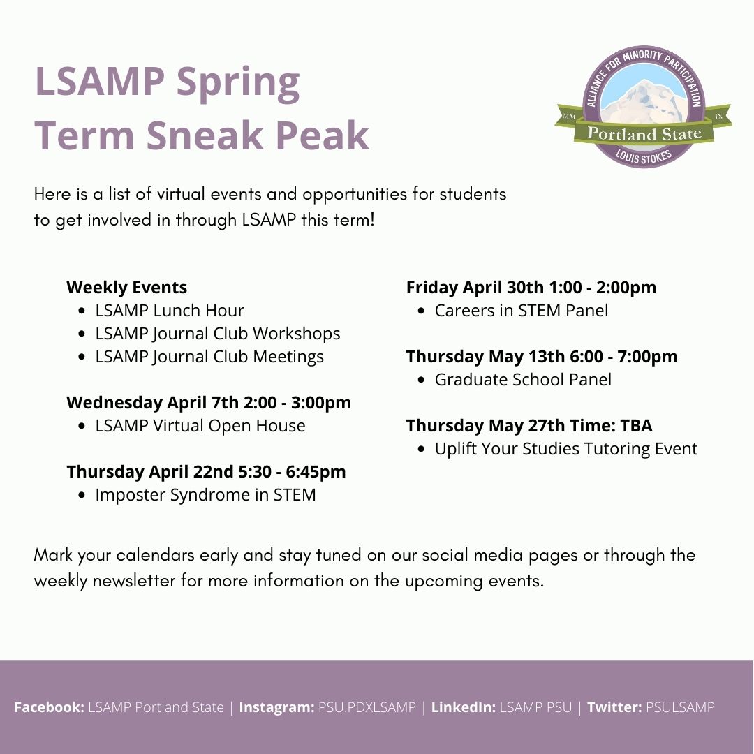 LSAMP Spring Term Sneak Peak

Here is a list of virtual events and opportunities for students to get involved in through LSAMP this term!

Mark your calendars early and stay tuned on our social media pages or through the weekly newsletter for more information!