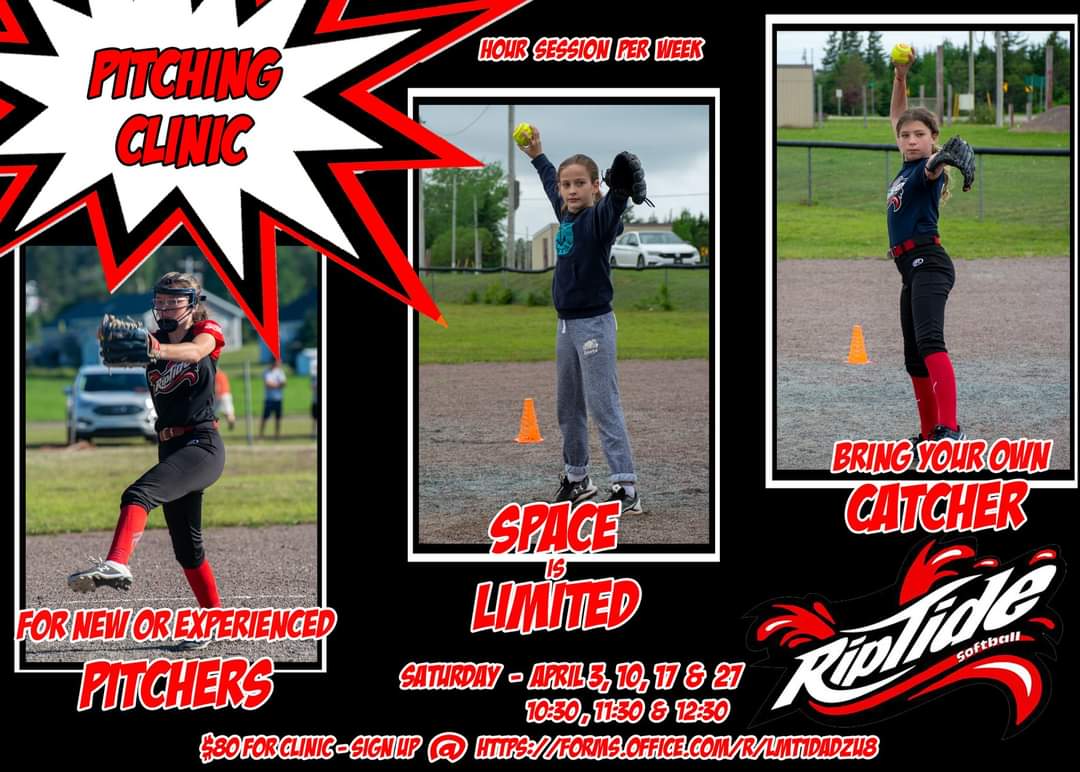 riptidesoftball's tweet photo. Pitching clinic in April, for new and experienced pitchers. Shake off the winter rust.   Space is limited (18 pitchers total). Each pitcher will get one hour of instruction per week and pitchers experience #pei #softball https://t.co/vW83PaWAUl