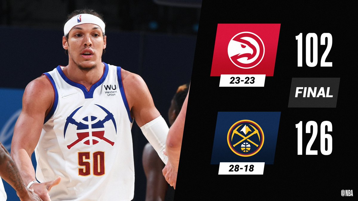 NBA's tweet photo. Aaron Gordon drops 13 PTS on 6-9 FGM in his @nuggets debut as they top ATL!

JaMychal Green: 20 PTS
Nikola Jokic: 16 PTS, 10 REB, 8 AST https://t.co/YrRSdXoC4M