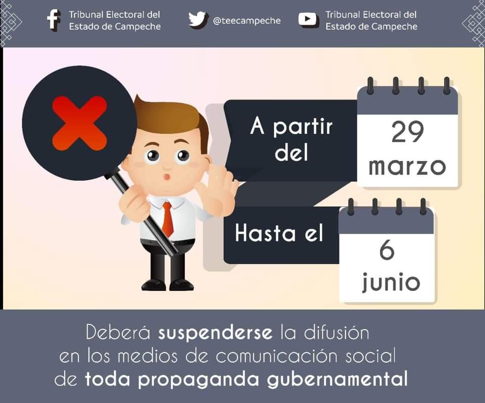 codesvicampeche's tweet photo. Dando cumplimiento a lo que establece la legislación electoral, a partir del lunes 29 de Marzo, con motivo del inicio de las campañas electorales correspondientes al  proceso electoral 2021, queda suspendida toda difusión sobre los programas y acciones de la #Codesvi. https://t.co/3XSl23TSAu