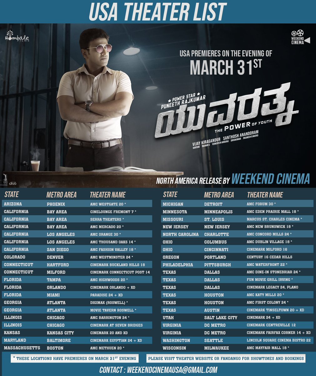 cinecorndotcom's tweet photo. Here is the #Yuvarathnaa The North America Theatre List.
US premieres on March 31st. Watch on big screen! North America release By @WeekendCinemaUS
@hombalefilms @PuneethRajkumar @VKiragandur @SanthoshAnand15
#YuvarathnaaCelebrations
#PunneethRajkumar #FristTimeUSA #USPremier https://t.co/lXy2ZGjf1P