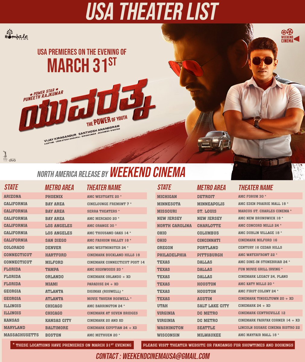 cinecorndotcom's tweet photo. Here is the #Yuvarathnaa The North America Theatre List.
US premieres on March 31st. Watch on big screen! North America release By @WeekendCinemaUS
@hombalefilms @PuneethRajkumar @VKiragandur @SanthoshAnand15
#YuvarathnaaCelebrations
#PunneethRajkumar #FristTimeUSA #USPremier https://t.co/lXy2ZGjf1P