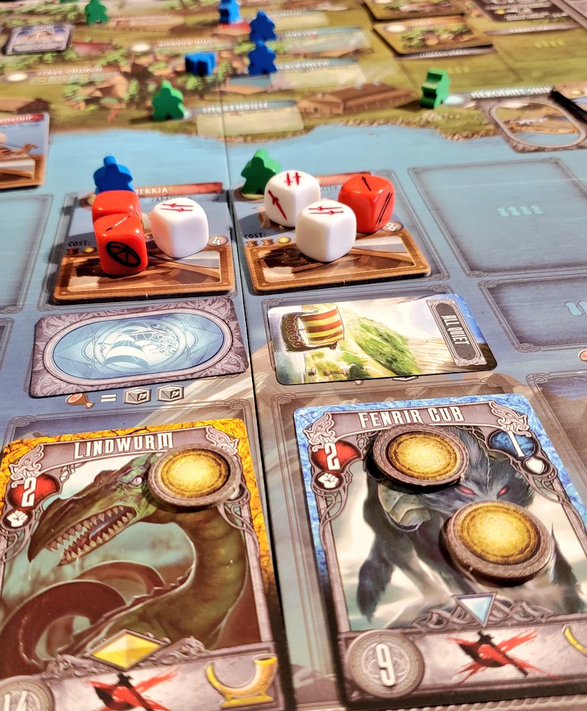 First game of Champions of Midgard, which had been sitting on our shelf of shame for too long!  This isn't usually in my wheelhouse due to swinginess of dice rolls, but I enjoyed the worker placement aspect and fighting monsters! Heard that Reavers is more euro-ey?  #boardgames