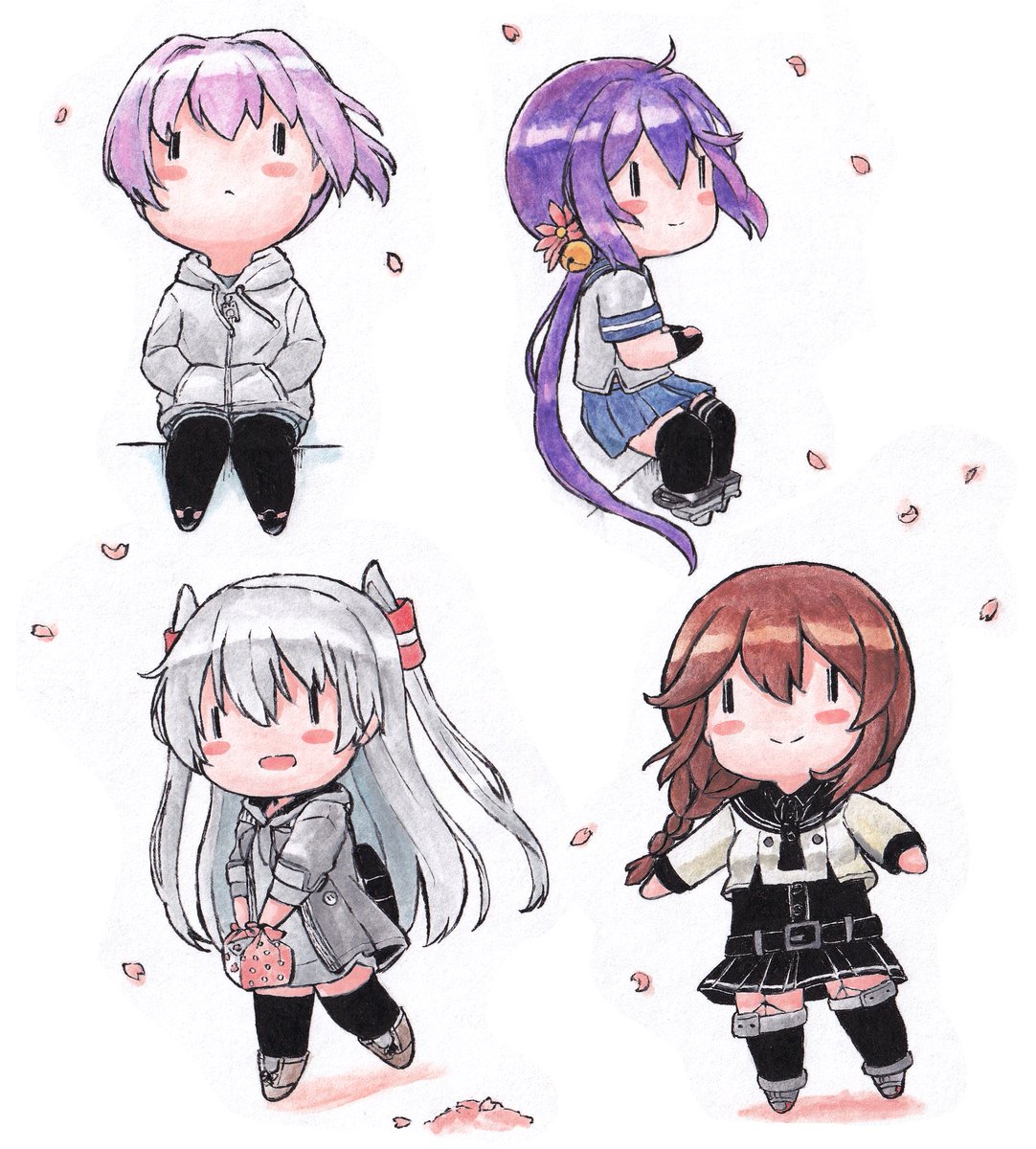 akebono (kancolle) ,amatsukaze (kancolle) ,noshiro (kancolle) hair bell long hair jingle bell multiple girls bell thighhighs 4girls  illustration images