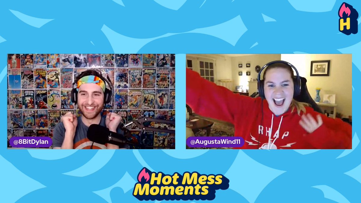 Dylan and Beth are cheering in a picture overlaid by their graphics for the new Hot Mess Moments Podcast.