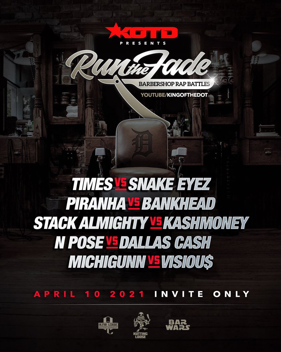 GullyTK's tweet photo. April 10th

@KingOfTheDot #RTF live on https://t.co/z8H0r02HU1 
#Michigan #Detroit

@GhgTimes vs @SnakeyezFg 
@ceo_piranha vs @BANKHEAD_NWX 
@StackAlmighty vs #KashMoney
@N_Pose vs #DallasCash
@MichiGunn1 vs #Visious https://t.co/p52RhMDOwN