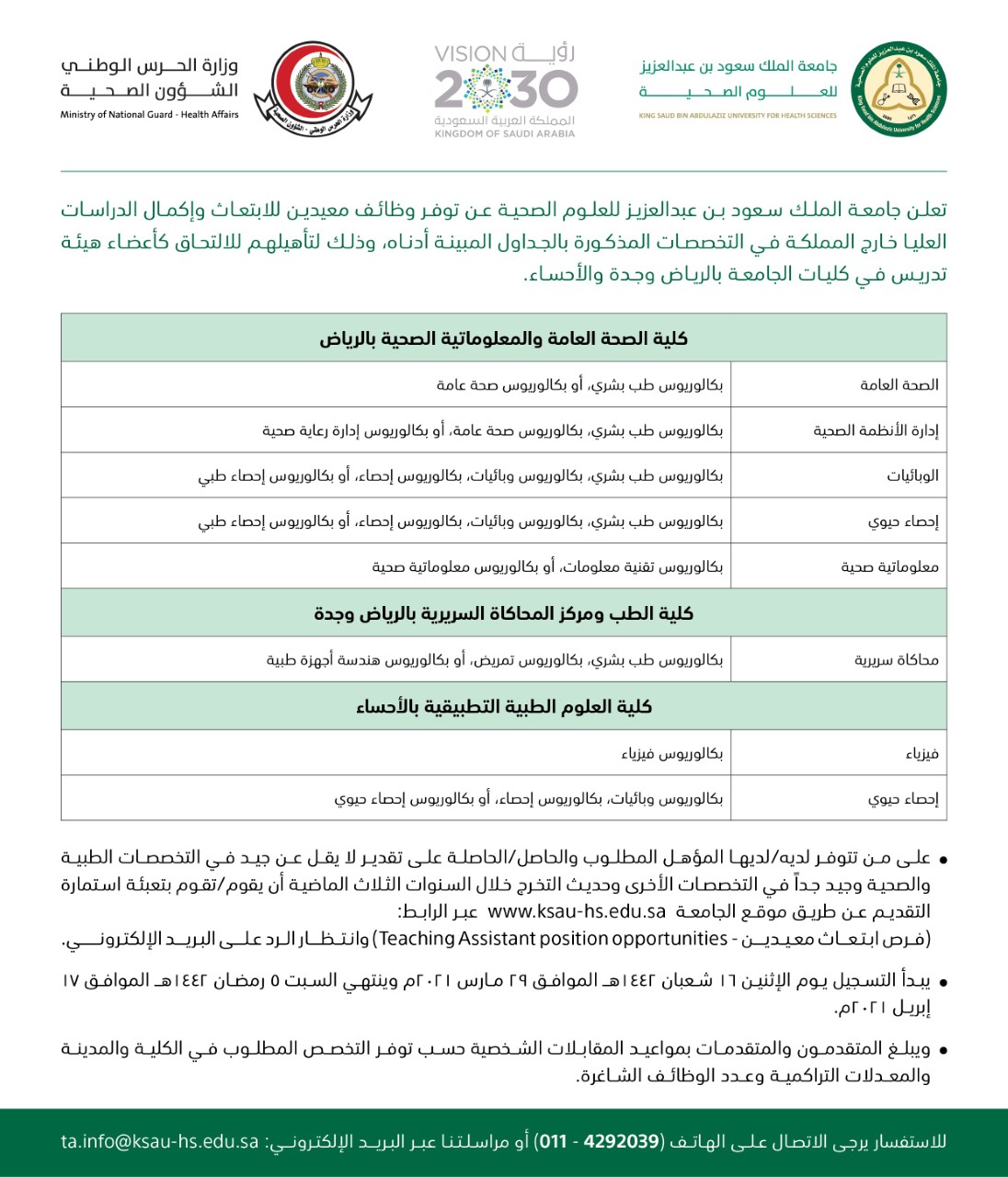 🔴 اليوم  الاثنين يبدأ التقديم  🔴

تعلن جامعة الملك سعود للعلوم الصحية عن وظائف معيدين للابتعاث وإكمال الدراسات العليا خارج المملكة في التخصصات المذكورة

رابط التفاصيل  https://www.ksau-hs.edu.sa/Arabic/MediaCenter/News/Pages/2021-3_21.aspx

#وظائف_شاغرة #وظائف_اكاديمي