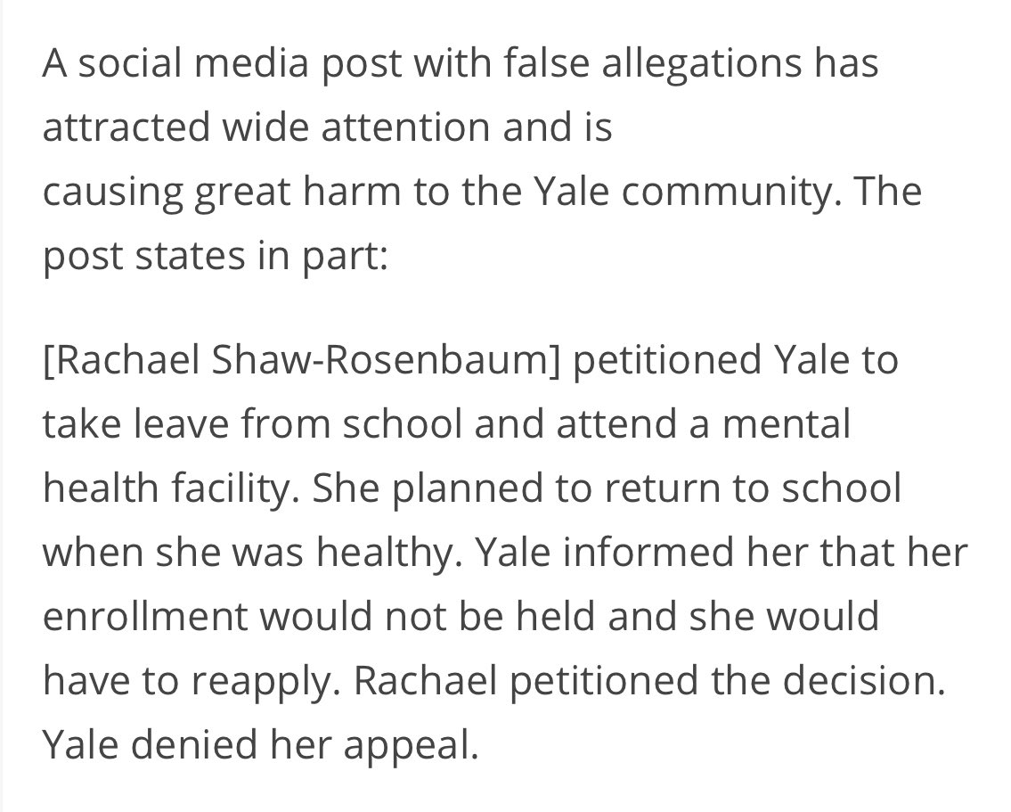 mackhawk's tweet photo. Yale has quietly made some significant changes to its first — and only — public statement on Rachael’s death, which did not originally include a message of grief.

Yale told the YDN that the statement was “lightly edited.” First two photos are the original, second are the update. https://t.co/6HoihG5d7S