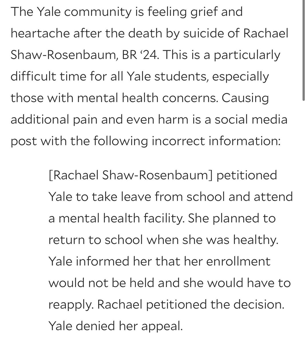 mackhawk's tweet photo. Yale has quietly made some significant changes to its first — and only — public statement on Rachael’s death, which did not originally include a message of grief.

Yale told the YDN that the statement was “lightly edited.” First two photos are the original, second are the update. https://t.co/6HoihG5d7S