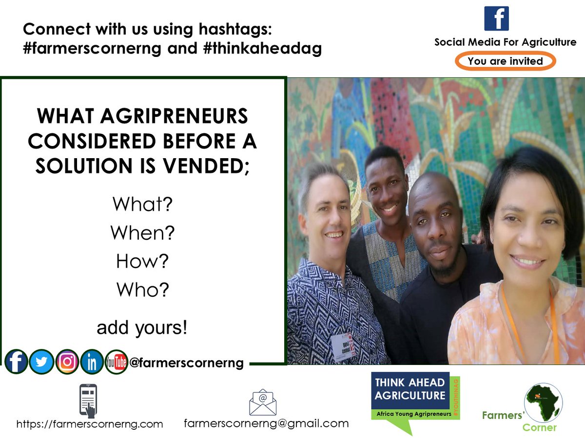 farmerscornerng's tweet photo. What agripreneurs considered before a solution is vended;
What?
When?
How?
Who?
add yours! #agripreneurs #what #when #how #who #rethinkagric #youthinag #innovation #aginnovation #thinkaheadag #food #solution #strategies #agribusiness #modern #agtech #niche #farmerscornerng https://t.co/BgQWrQLd6i