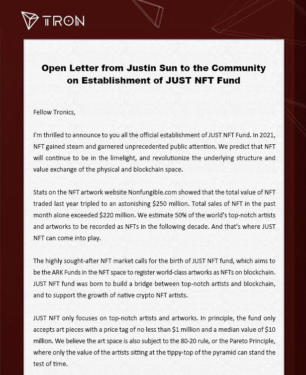 justinsuntron's tweet photo. (1/2) I'm thrilled to announce to you all the official establishment of the #JUST NFT Fund and the Plan to hire a top tier artist as the chief NFT advisor of JUST #NFT Fund.
 
Join us now in the marvelous adventure navigated by JUST #NFT!
https://t.co/WCh7rSTfxn https://t.co/q4J0nmQ8Di