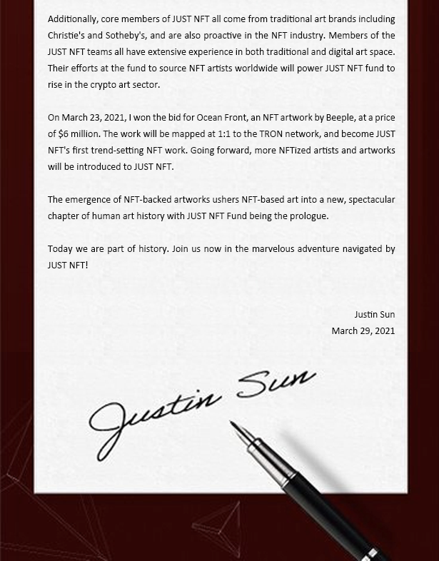 justinsuntron's tweet photo. (1/2) I'm thrilled to announce to you all the official establishment of the #JUST NFT Fund and the Plan to hire a top tier artist as the chief NFT advisor of JUST #NFT Fund.
 
Join us now in the marvelous adventure navigated by JUST #NFT!
https://t.co/WCh7rSTfxn https://t.co/q4J0nmQ8Di