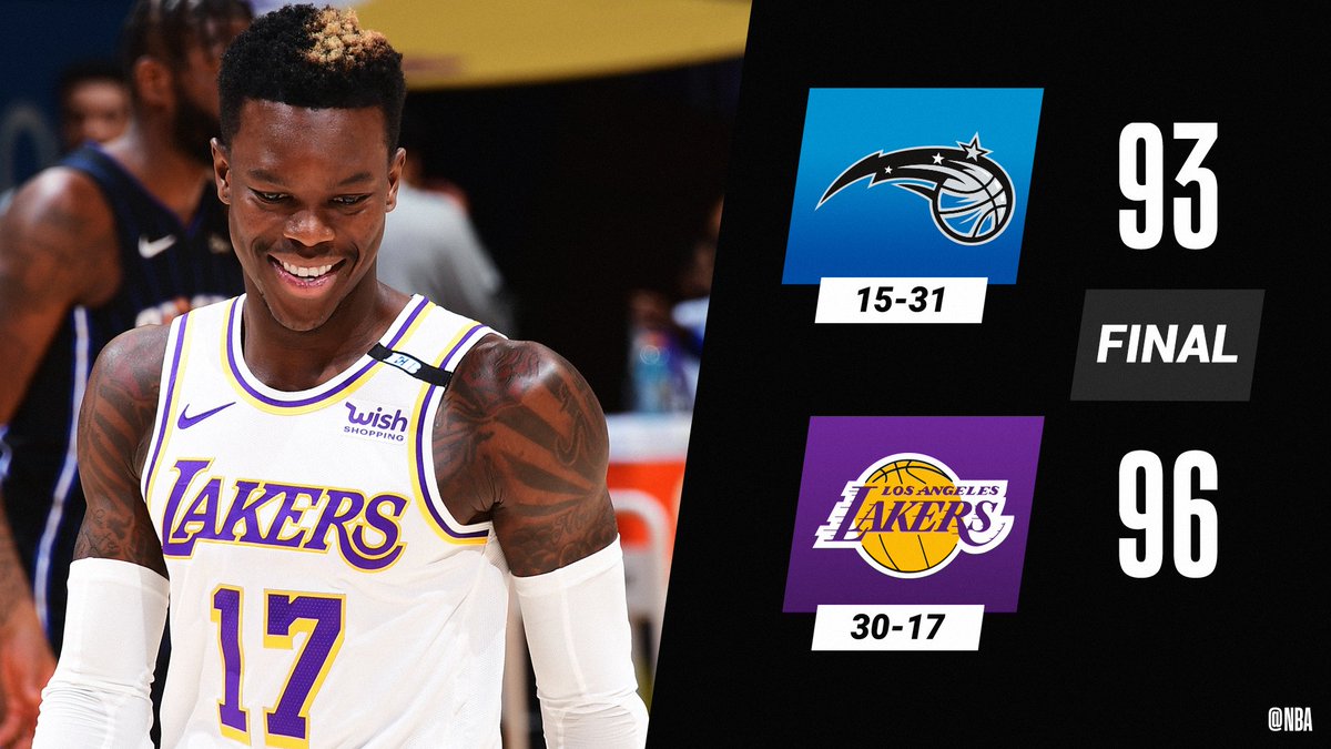 NBA's tweet photo. Dennis Schroder scores 12 of his 24 PTS in the 4th quarter of the @Lakers home win!

Kyle Kuzma: 21 PTS, 11 REB
Montrezl Harrell: 18 PTS, 11 REB
Dwayne Bacon: 26 PTS (career high) https://t.co/zkr9g2ul0f