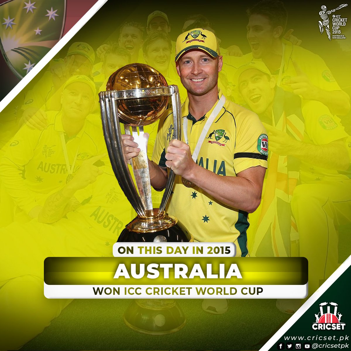 cricsetpk's tweet photo. #OnThisDay in 2015, Australia won their 5th ICC Cricket World Cup 🏆
They did it under the leadership of @MClarke23. @JamesFaulkner44 was awarded MOTM 🥇 in the final
Australia 🇦🇺 defeated New Zealand in the final by 7 wickets and 101 balls to spare
#CWC15 #WC15 #AUSvNZ https://t.co/JaR5XGuwtl