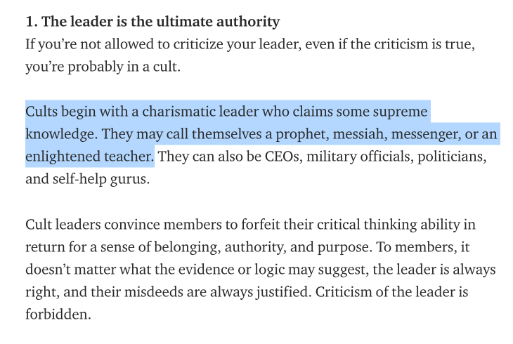 #1 Sign of a Cultleader is the ultimate authorityCults begin with a charismatic leader who claims some supreme knowledgeRaniere claimed "his methods could abate symptoms of Tourette’s syndrome and even help kids speak up to 13 languages" @ScottAdamsSays NXIVM is not a cult