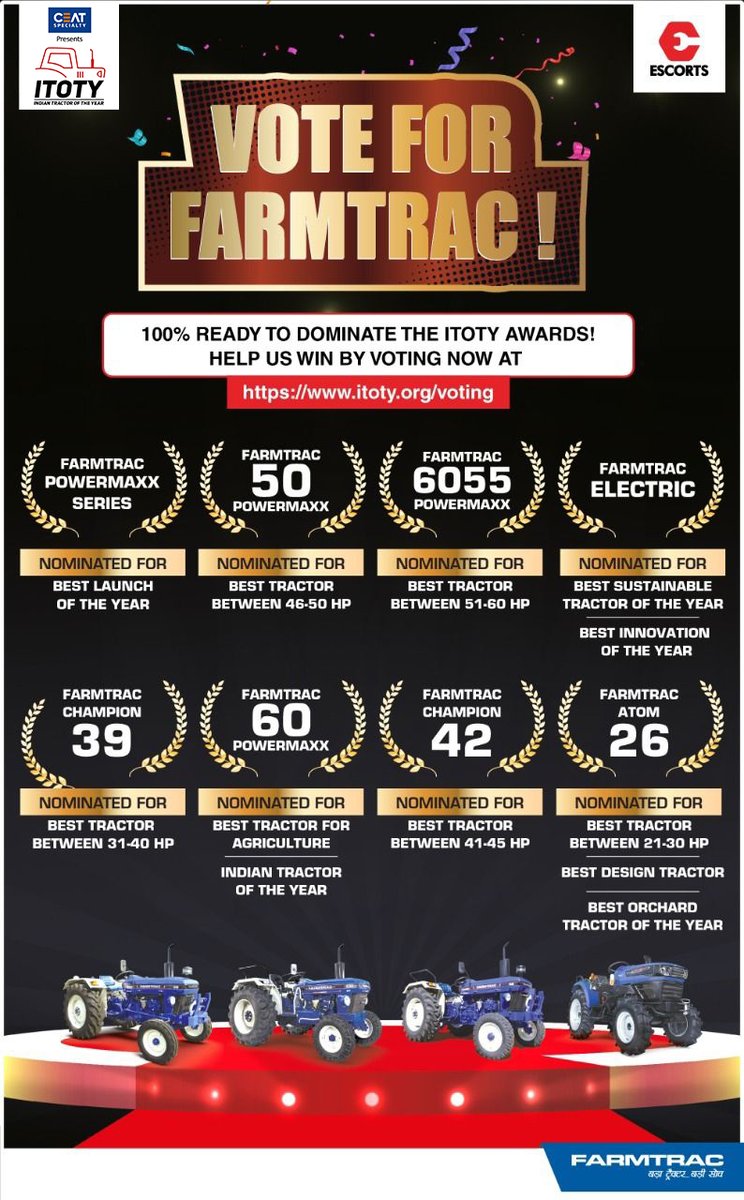 Itoty_Offical's tweet photo. In ITOTY, @escortsgroup are nominated under 20 award categories for Farmtrac &amp; Powertrac.

Cast Your Vote-  https://t.co/AFgTOw2OfC

Thanks for your support! @CeatSpecialtyIN  
@tractorjunction

#technology #innovation #farmerslife #Escorts  #ITOTY2021 #tractorjunction https://t.co/sjmAYEEaCp