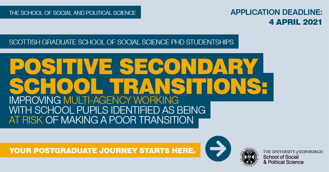 New @SocSciScotland PhD funding opportunity💡
Positive secondary school transitions, supervised by SPS’ @DrARoeschMarsh of @SocialWorkEdinU.  
 
Apply by 4 April 🗓️
 
More info ➡️
sgsss.ac.uk/studentship/po… 
 
With @MorayHouse and @PKHinnovation 
#Education #SocialWork