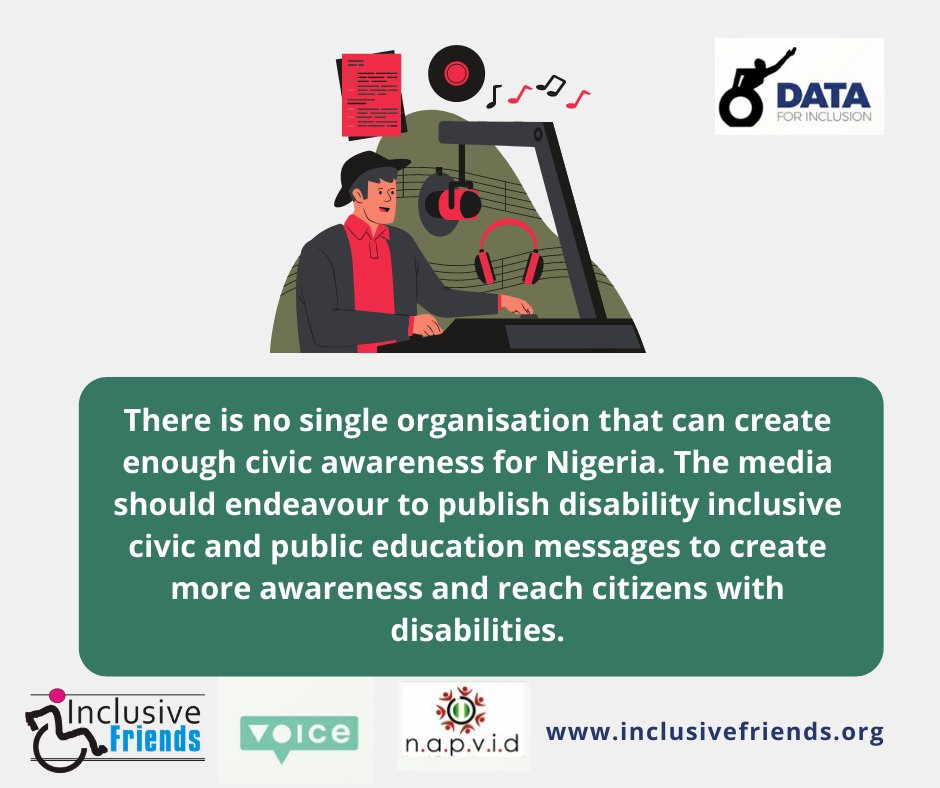 inclusivefrnds's tweet photo. There is no single organisation that can create enough civic awareness for Nigeria. The media should endeavour to publish disability inclusive civic and public education messages to create more awareness and reach more PWDs.
#DataForInclusion
@voicetweetz @napvidnigeria https://t.co/6zsNqirQQ0