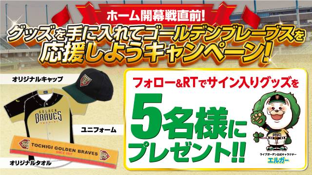 elger_official's tweet photo. ＼ホーム開幕戦直前／
グッズを手に入れてゴールデンブレーブスを応援しようキャンペーン！
フォロー&amp;RTで
5名様に抽選で 『サイン入りグッズ』をプレゼント!!

【応募方法】 
①@elger_officialをフォロー 
②この投稿をリツイート
締め切りは4/1　23:59まで

#エルガー　#栃木ゴールデンブレーブス https://t.co/joMSIg7dHY