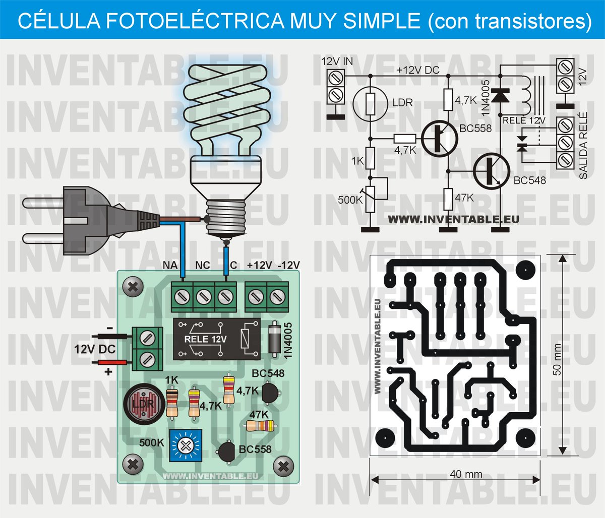 Célula fotoeléctrica muy simple con regulación de umbral y salida relé. 

Fuente: inventable.eu/2013/04/29/cel…

#fotocélula #circuitosútiles #automatismos #transistores #relé #célulafotoeléctrica
