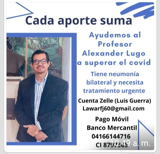 CacaitoPuro's tweet photo. Ayudemos al Prof. Alexander Lugo del Dto. de Arte del Pedagógico de Caracas. Tiene Covid. Excelente docente y mejor ser humano. Hoy la comunidad ipecista está consternada. Necesitamos tu RT. https://t.co/taLF3LSivj