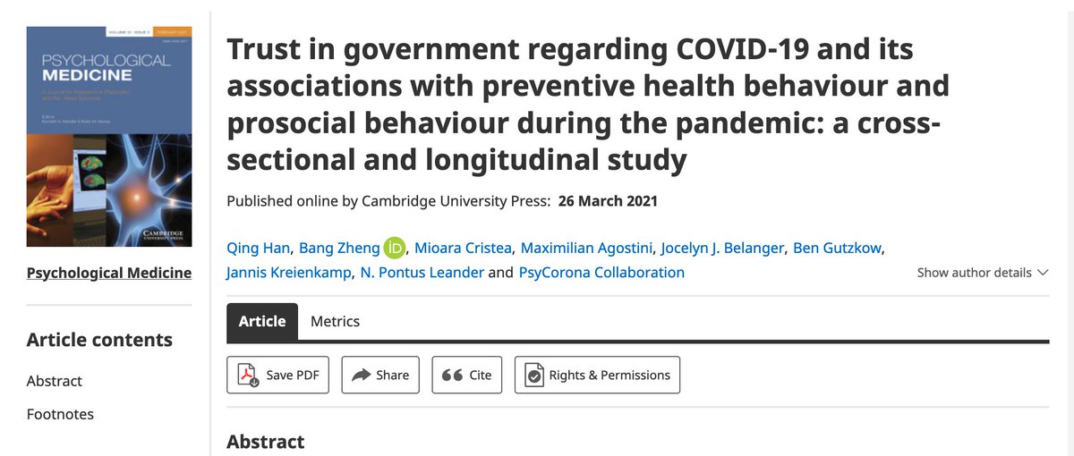 Check out our latest article on #trustingovernment and #healthbehaviours & #prosocialbehaviour during #COVID19 

cambridge.org/core/journals/…