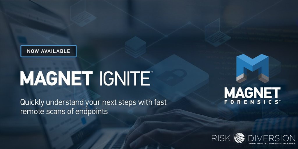 R1skDiversion's tweet photo. Magnet IGNITE™, a new early case assessment tool designed for Forensic Service Providers to help clients quickly identify which endpoints require a deeper forensic analysis, is now available!
#RiskDiversionDigital #YourTrustedForensicPartner #digitalforensics https://t.co/YCVJVmdTd9