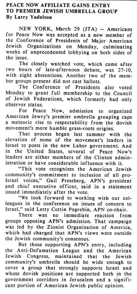 WashingtonViews's tweet photo. #OnThisDay in 1993: @JTANews reporting on the Admission to the @Conf_of_Pres of @PeaceNowUS (#APN) and granting full Conference Membership to the Council of Jewish Federations (which subsequently merged to become @jfederations #JFNA) https://t.co/hsKWiNwPtr #AmericanJewry #Israel https://t.co/VIE6qbFlHL