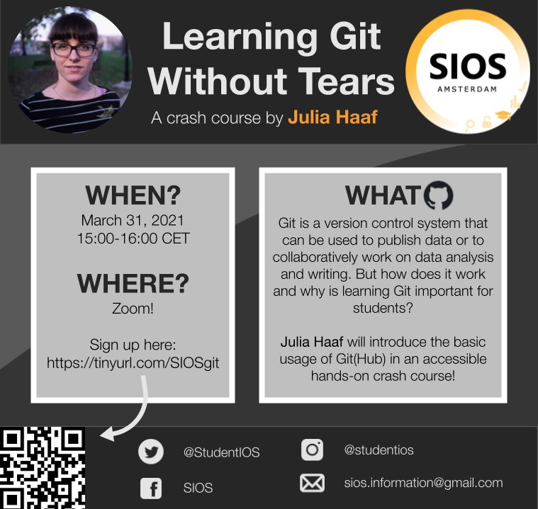 StudentIOS's tweet photo. Dear all #openscience enthusiasts! This Wednesday we are hosting an event aptly named "Learning #Git Without Tears". Perfect time to learn how to use #github for your thesis or other projects to organize everything 🤩
Sign up here! https://t.co/43ZeIahQ8V https://t.co/msSHs84EiE
