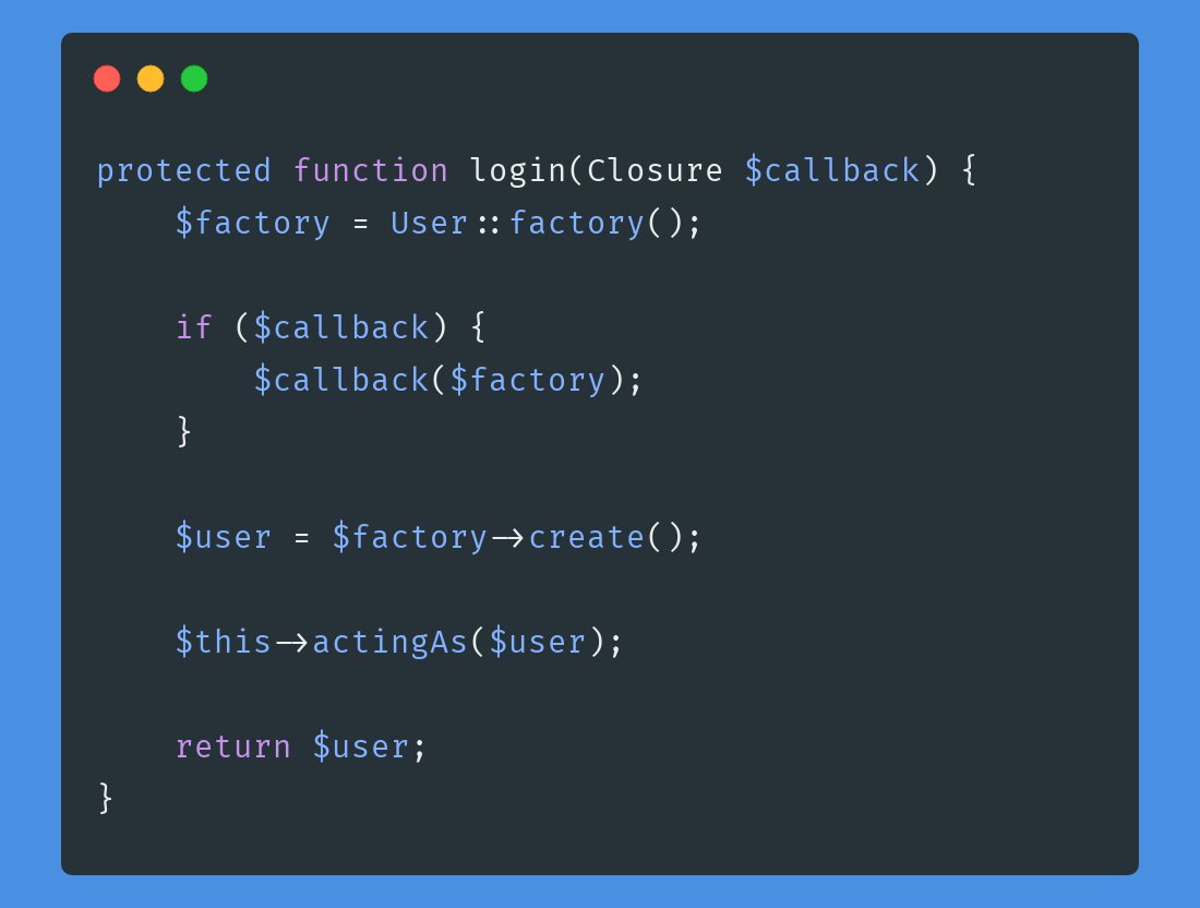 ryangjchandler's tweet image. 🔥 One of my favourite testing helpers is a `login` method on the base `TestCase` class. Perfect for quickly creating a `User` and logging them in, as well as customising the `UserFactory` via a callback function. gist.github.com/ryangjchandler…