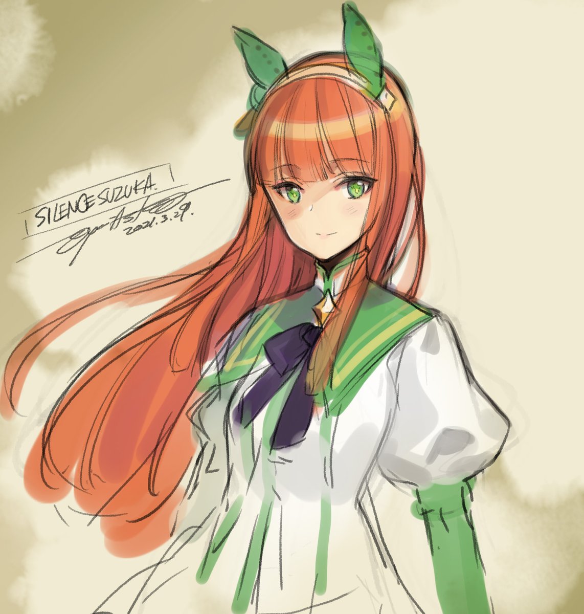 silence suzuka (umamusume) 1girl animal ears solo horse ears green eyes long hair orange hair  illustration images