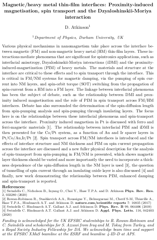 PhysMagnetism20's tweet photo. New Available Abstract for PM21 invited talk "Magnetic/heavy metal thin-film interfaces: Proximity-induced magnetisation, spin transport and the Dzyaloshinskii-Moriya interaction." By #DelAtkinson from @DurhamPhysics, @durham_uni https://t.co/Hh2BvDW1Q4