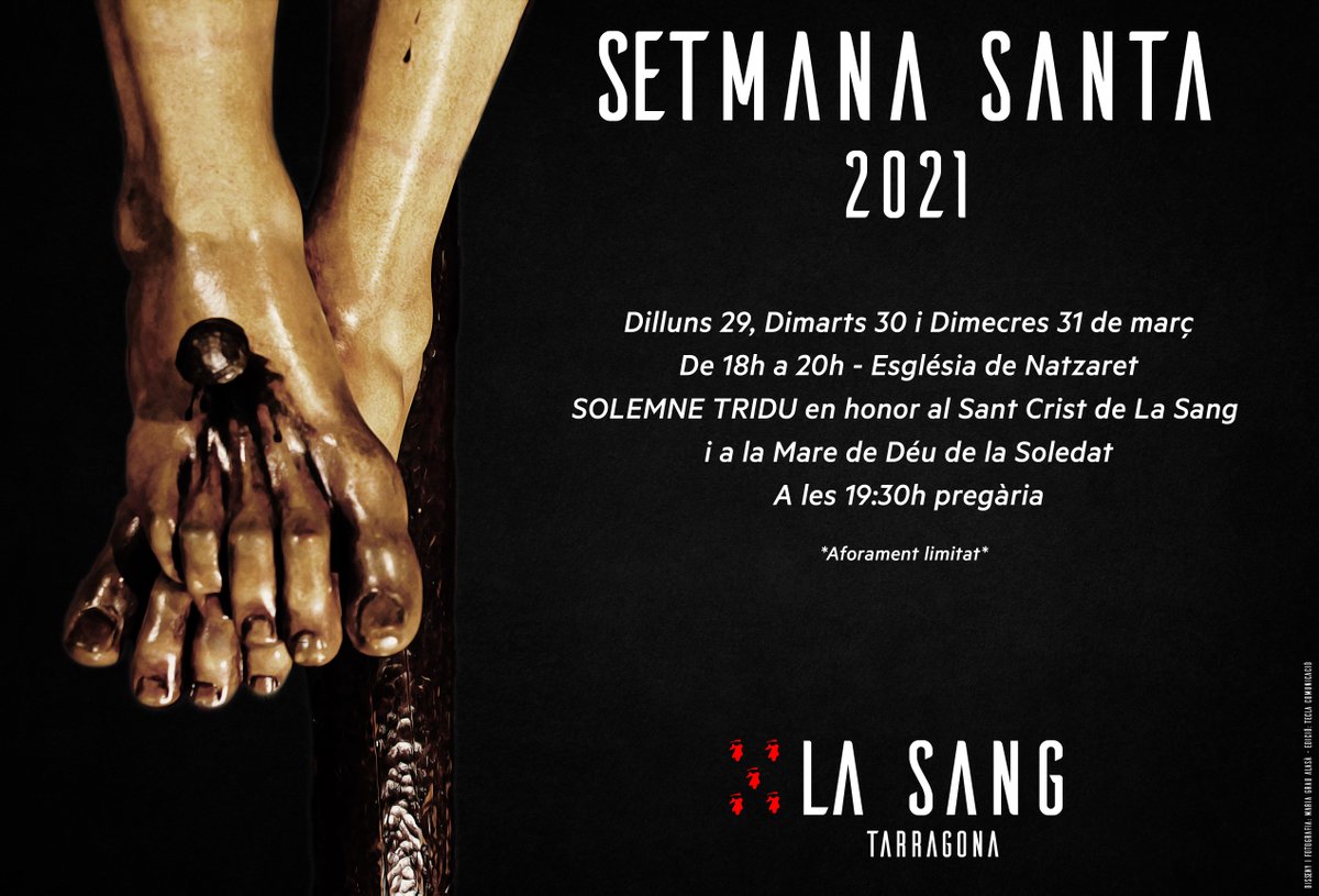 LaSangTarragona's tweet photo. Durant els dies 29, 30 i 31 de març es realitzarà a l'església de Natzaret, el SOLEMNE TRIDU en honor al Sant Crist de La Sang, i la Mare de Déu de la Soledat.
Horari: de 18 a 20 h.
#lasang #lasangtarragona #setmanasanta #sstgn https://t.co/pd2l9SUPaZ