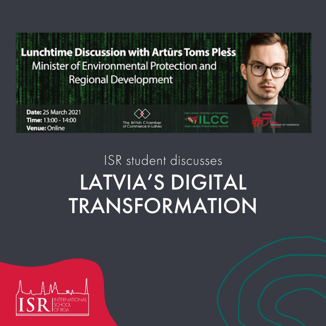 ISRiga's tweet photo. Grade 11 IB DP student Aleksandr I. virtually sat down with the Minister of Environmental Protection and Regional Development (@VARAM_Latvija) @ArtursToms  for a lunchtime discussion about Latvia's Digital Transformation. Thanks to our partners at the @BritCham_LV for hosting us! https://t.co/cWgKvC5x2u