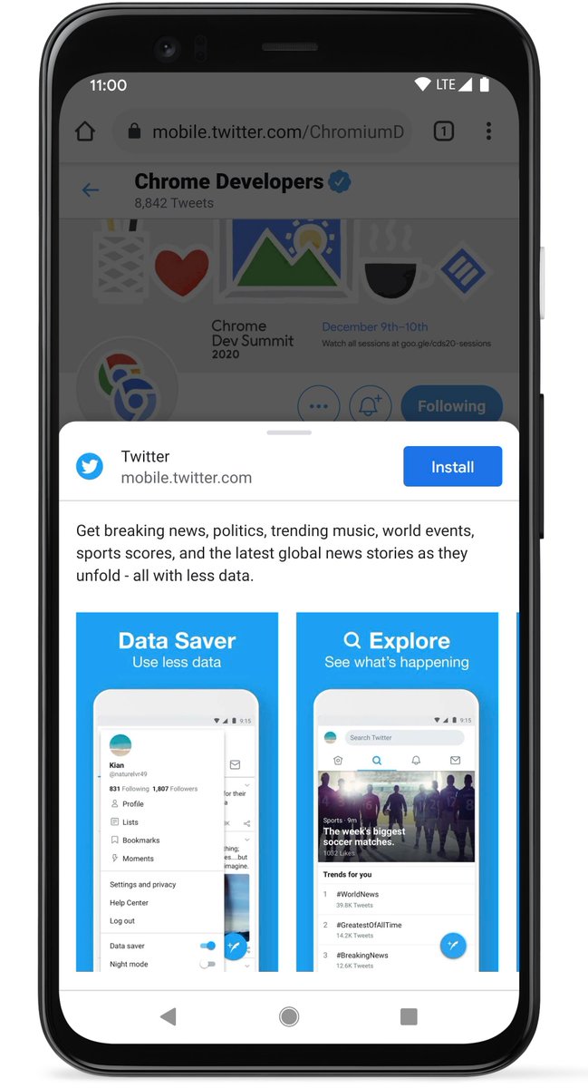 ChromiumDev's tweet image. Starting today on Android, some users will get a richer PWA installation dialog on Twitter.
- Want the same for your PWA?
- Easy. Add the `description` and `screenshots` member to your manifest and you're done. 
Read web.dev/add-manifest/#… more for details