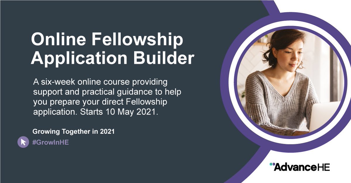 AdvanceHE's tweet photo. If you are thinking of applying for Fellowship (Descriptor 2 of the UKPSF) our Fellowship Application Builder is  a six-week online, self-directed course designed to help you work through the process of writing your application. Find out more https://t.co/u8yOp86Yjy https://t.co/1jstLZvc7n