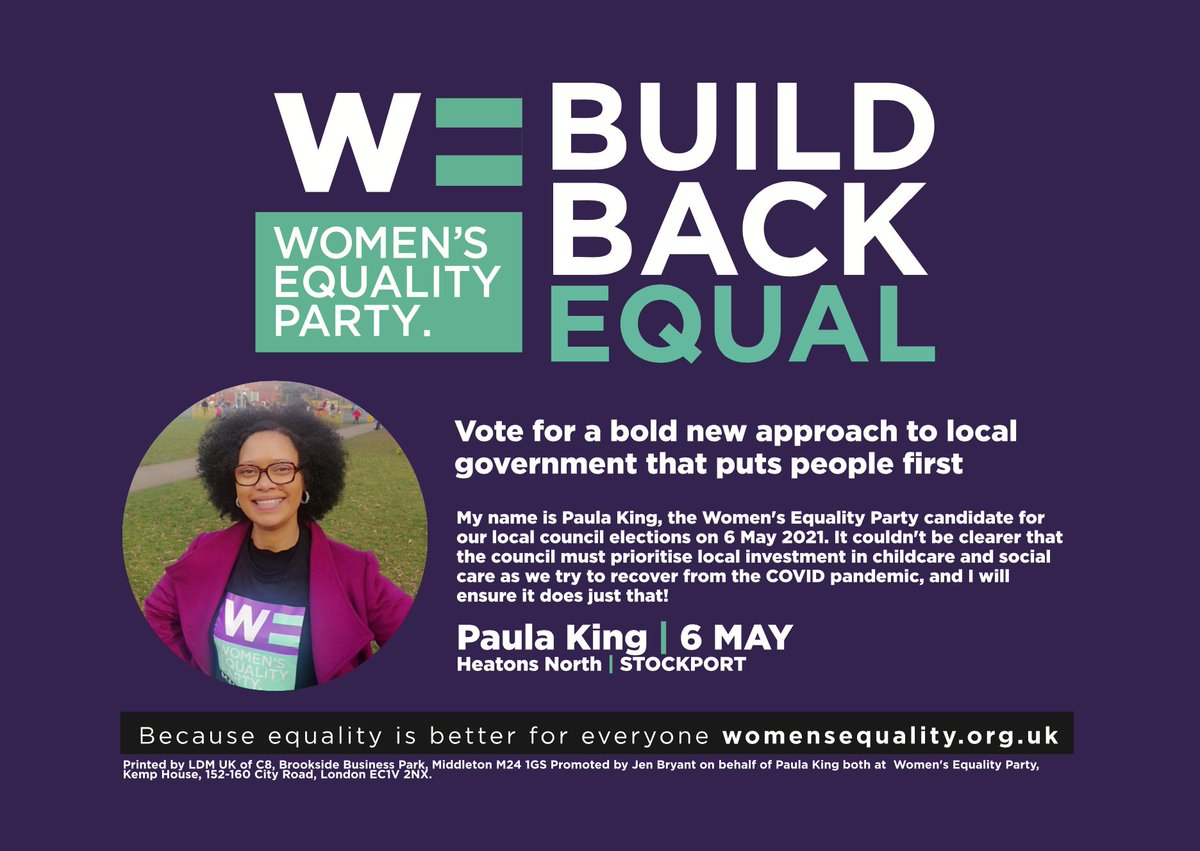 wepmanchester's tweet photo. 📢 Local #elections announcement 📢

WE Greater Manchester are proud to announce that Paula King will be contesting the Heatons North seat on Stockport Council

Vote Paula King on 6th May 2021 🗳️

Postal vote registration https://t.co/Atf7e8yqUm

@wep_stockport @StockportMBC https://t.co/RNyz2w9OQe