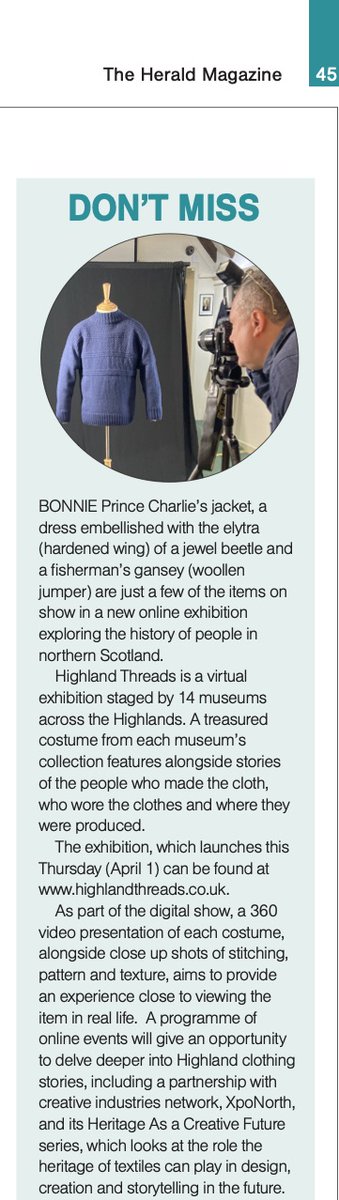 JanPatience's tweet photo. Any exhibition involving a fisherman's gansey has got my vote. I love anything about the history of costume and when it derives from the Highlands, even more so. 
Highland Threads launches online this Thursday at 3pm. 
My "Don't Miss" from Saturday's @heraldmagazine https://t.co/Y54aDvaU5b