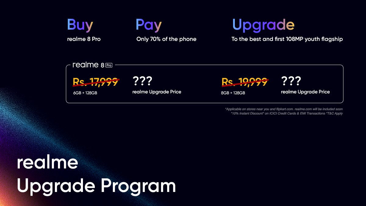 MadhavSheth1's tweet photo. Best 108MP camera &amp; stylish design mid-ranger is available at real upgrade price!

Do you guys know the prices of both variants of #realme8Pro with the #realUpgrade Program? https://t.co/GTMS8JlkKg