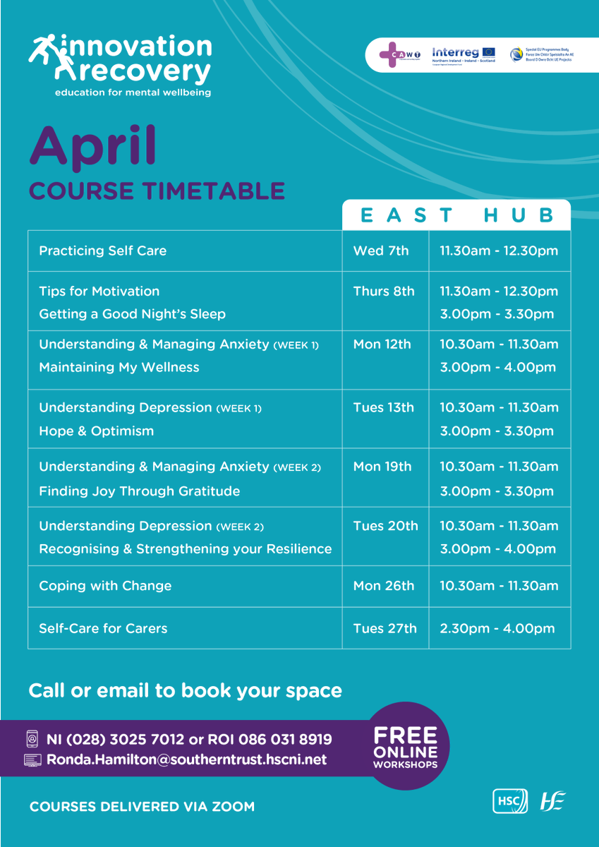 InnovationRecov's tweet photo. We offer a range of courses across our three hub areas, West, South, and East. All online and free to attend! To book or find out more info you can contact each hub using the details at the bottom of the timetables. #ChangeMyStory #InterregVA @SEUPB @CAWTCrossBorder https://t.co/nSArkZAkAR