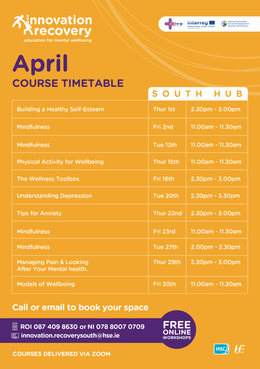 InnovationRecov's tweet photo. We offer a range of courses across our three hub areas, West, South, and East. All online and free to attend! To book or find out more info you can contact each hub using the details at the bottom of the timetables. #ChangeMyStory #InterregVA @SEUPB @CAWTCrossBorder https://t.co/nSArkZAkAR