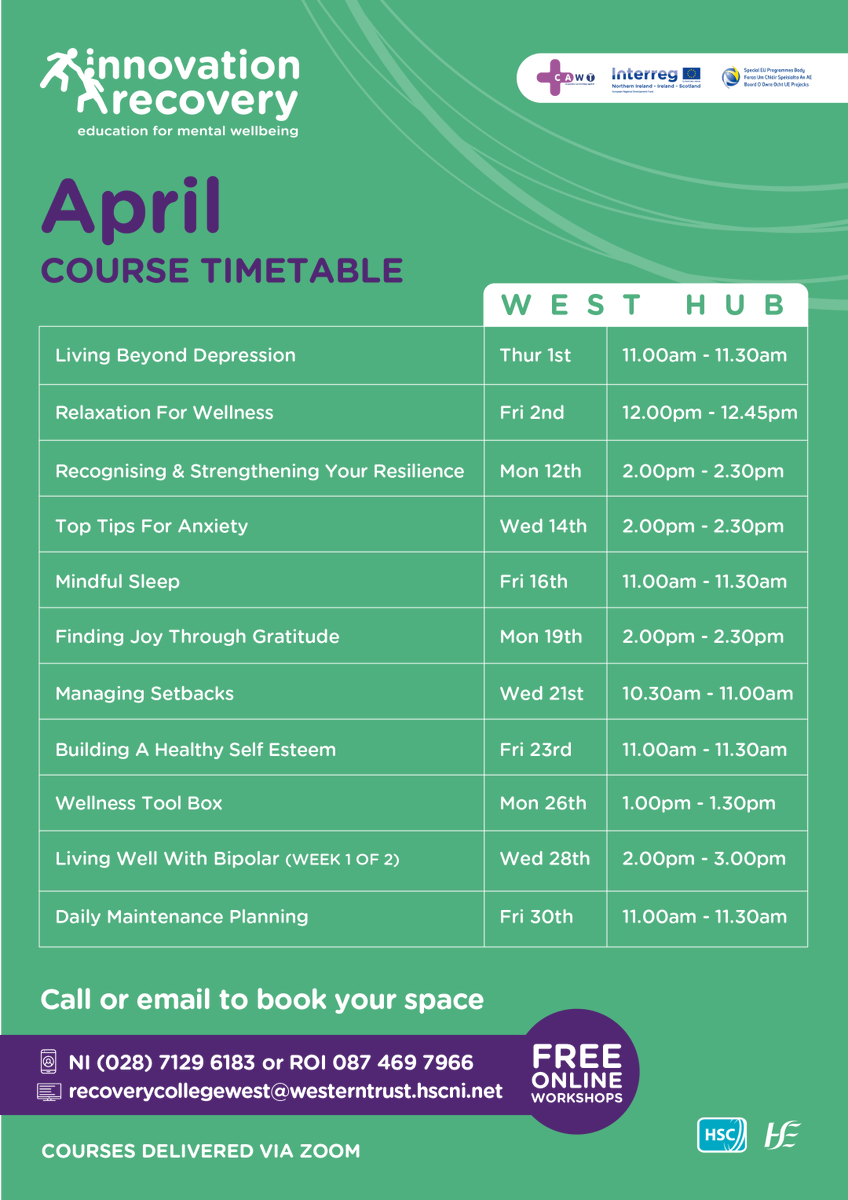InnovationRecov's tweet photo. We offer a range of courses across our three hub areas, West, South, and East. All online and free to attend! To book or find out more info you can contact each hub using the details at the bottom of the timetables. #ChangeMyStory #InterregVA @SEUPB @CAWTCrossBorder https://t.co/nSArkZAkAR
