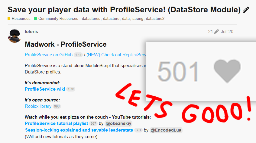 loleris on X: #RobloxDev #Roblox ProfileService is the new emerging  DataStore Roblox standard! Start your projects easier with this module -   (We've got 200 likes WOO!)   / X