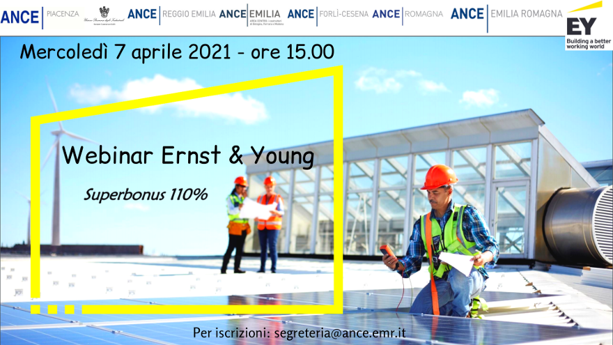 ANCE_ER's tweet photo. @ANCE_ER  organizza, per il prossimo 7 aprile alle ore 15.00, un webinar dedicato alle imprese associate sul funzionamento della piattaforma Ernst &amp; Young finalizzato alla certificazione dei crediti d’imposta fiscali derivanti dagli interventi del #Superbonus110% https://t.co/McUmDfLnmg